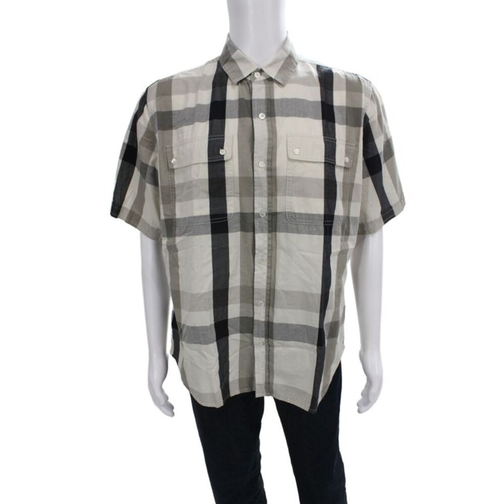 NSF Mens Plaid Button-Down Shirt Beige Cotton Short Sleeve Collared Size XL
